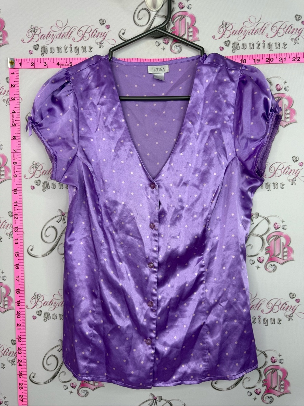 La SENZA y2k top buttons up Purple Polka Dot Satin Blouse milkmaid bows ribbon